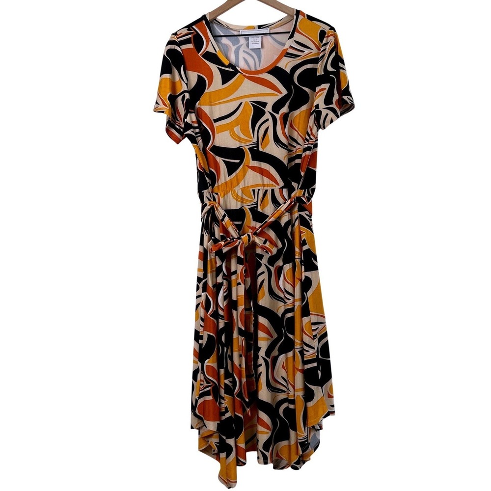 Monroe & Main Womens Dress Multicolor Size 0X Abstract Short Sleeve Midi Belted
